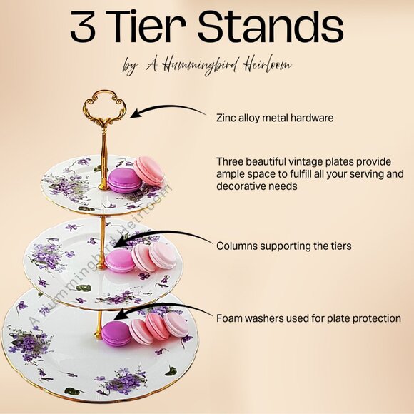 Handmade Bone China Cake Stand: Blue Floral, Silver Trim - 3-Tier Tea Party Tray - Picture 12 of 12
